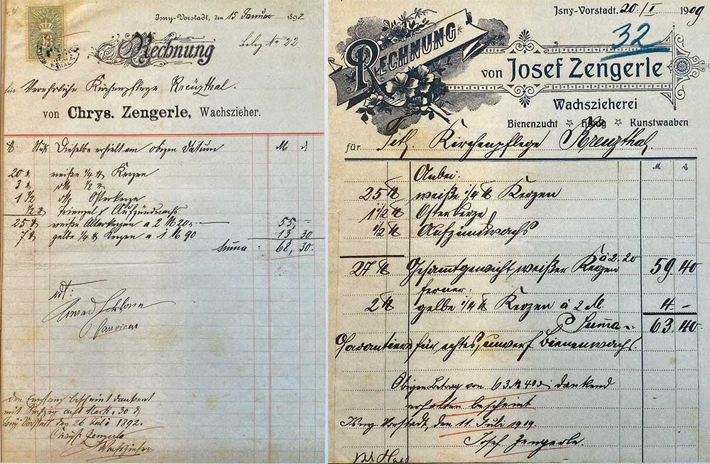 Zwei Fotos von Rechnungen aus dem Jahr 1832 und 1909, ausgefüllt in kunstvoller SHandschrift.